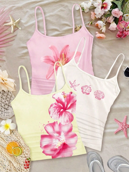 3pcs/Set Chill Vacation Tropical Hibiscus, Frangipani, Starfish & Seashell Beach Themed Fitted Racerback Crop Tops For Teens, White, Light Pink, Cream