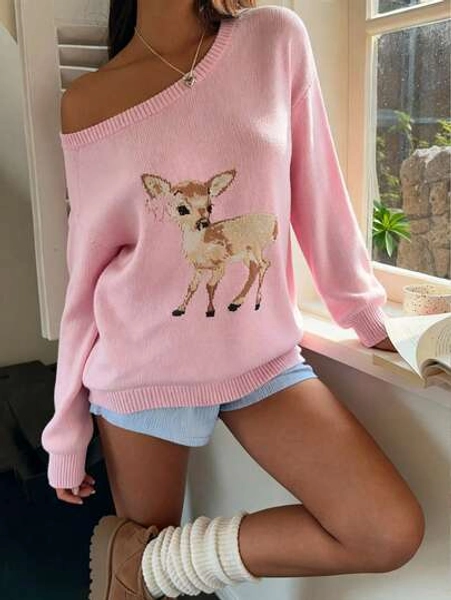 CovetEZ Pink Deer Pattern Asymmetric-Shoulder Long Sleeve Casual Knit Pullover Sweater,Christmas Sweater Women