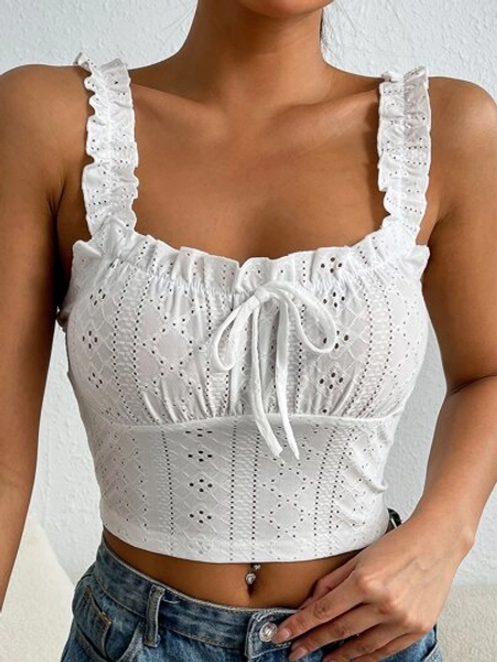 SHEIN EZwear Frill Trim Tie Front Schiffy Wide Straps Top