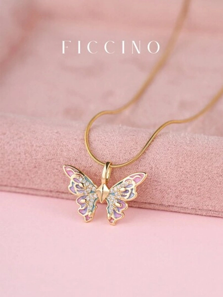 FICCINO Collana FICCINO con pendente a farfalla in zirconia cubica, catena regolabile in acciaio al titanio placcato oro, regalo romantico per la fidanzata, con confezione