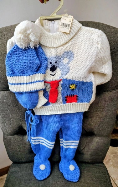 Vintage NWT Kids Baby Boys Outfit  3- 6 Months Hat &amp; Footies Blue Knit Bear 