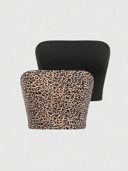 Lunelith SHEIN Lunessa 2packs Black & Leopard Print Tube Knit Sleeveless Crop Top, Sexy & Versatile All-Match For Gen Z Women
