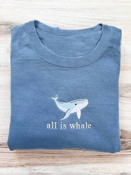 INAWLY Whale Embroidery T-Shirt,Animal Shirt For Ocean Lovers,Cute Embroidery Shirt,Light Blue And White,Summer,Casual,Vacation,Comfortable Ocean T-Shirt - Size XL