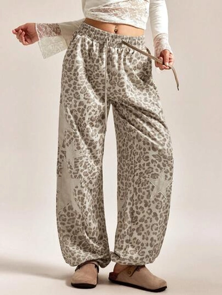 Easelle Vintage Casual Women's Drawstring Waist Pockets Loose Casual Leopard Print Wide Leg Sweatpants Winter Clothes For Women Five-Pointed Star Embroidery