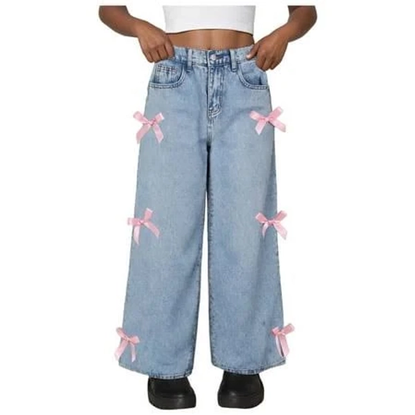 Girls' Bow Fly Elastic High Waist Wide Leg Jeans