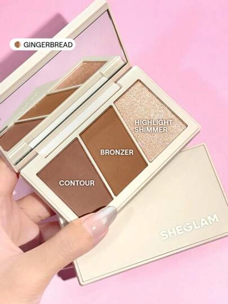 SHEGLAM لوحة تريو هيرو للوجه-بودرة نحت متعددة الاستخدامات ذات استخدام مزدوج من جينجربريد كونتور علامة تجارية جمال مكياج مستحضرات تجميل للنساء الفتيات مثالي لفصل الخريف الشتاء مثالي ل- Y2K أزياء أنيقة هدية حفلة جاهز أفضل لون