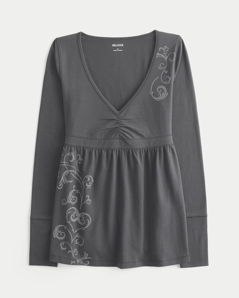 Long-Sleeve Pinch Bust Graphic Babydoll Top