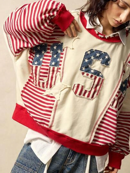 Bohemela BOHO Vintage Casual Striped Patchwork Crew Neck Loose Fit Women Sweatshirt