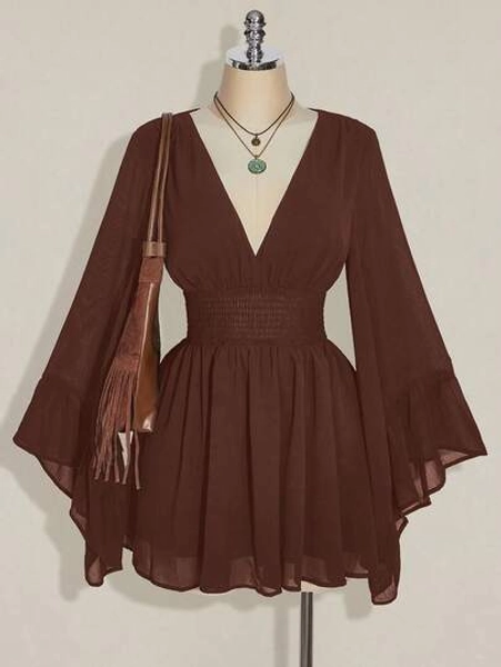 SHEIN ICON Plus Size V-Neck Ruched Waist A-Line Dress With Flare Sleeves, Boho, Hippie, Y2K Style, Suitable For Autumn, Nomadic Vibe, Autumn Vacation, Music Festivals, Graduation & Back To School Season,Fall Clothes For Women