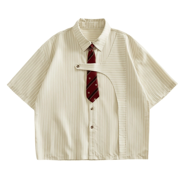 Men's Summer Preppy Style Striped Short-Sleeve Shirt with Detachable Tie, Casual Lapel Shirt with a Nonchalant Design, Suitable for Commuting, Dating, Travel, a Fashionable, Versatile, and Youthful-Looking Striped Shirt