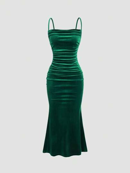 Sweetra 1pc Solid Color Pleated Fitted Elegant Sleeveless Tank Dress For Holiday Party Clothes Maxi Velvet Women Outfit