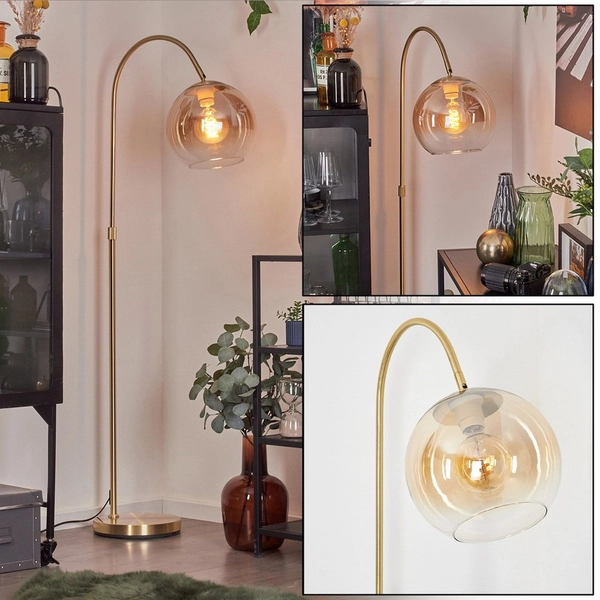 hofstein Stehlampe Stehlampe aus Metall/Glas in Messing/Bernstein/Klar, ohne Leuchtmittel, Glasschirm (25 cm) u. Fußschalter, 1x E27, ohne Leuchtmittel