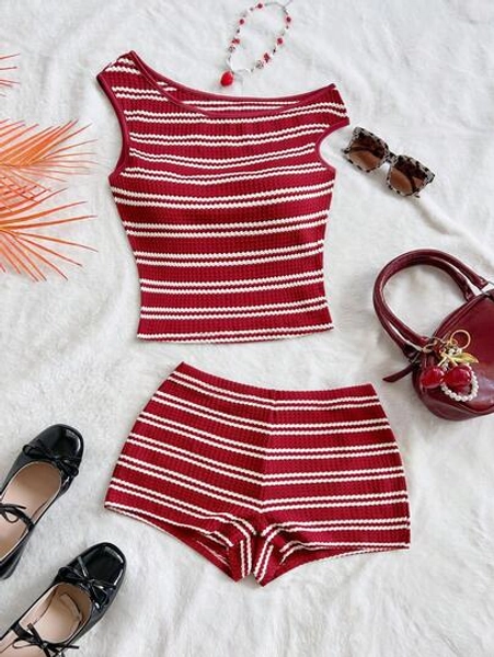 Soleia 2pcs/Set Women's Vacation Outfit: Red & White Striped Knit Asymmetrical Shoulder Fitted Top And Super Low-Rise Skinny Shorts, Suitable For Party, Christmas, Valentine's Day, Date, Beach, Cruise, Carnival, Easter, Chinese New Year, Spring/Summer Crochet Two Piece Set Knit Two Piece Set Red Two Piece Set 2piece Summer Sets Striped Two Piece Set