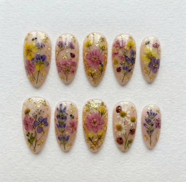 Pressed Flower Press on Nails with Gold Foil | Real Dried Flower Floral Almond Nails | Spring Garden Custom Fake Nails with Bees & Ladybugs