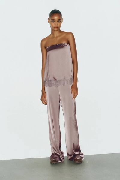SATIN EFFECT LACE TOP - Brown / Taupe | ZARA United States