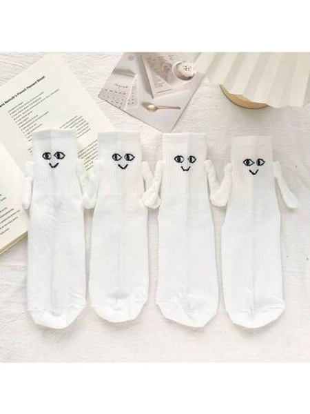 1 Pair/2 Pairs Magnetic Couple "Holding Hands" Socks, Cute Smile Face & Plush Doll Design, Casual Sport Socks