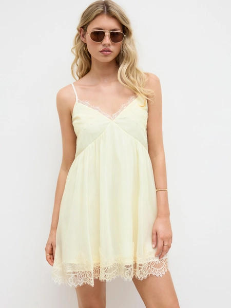 Chiffon V-Ausschnitt Mini-Kleid mit Spitzeverzierungen