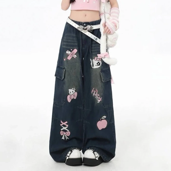 Hello Kitty Embroidered Wide-leg Jeans