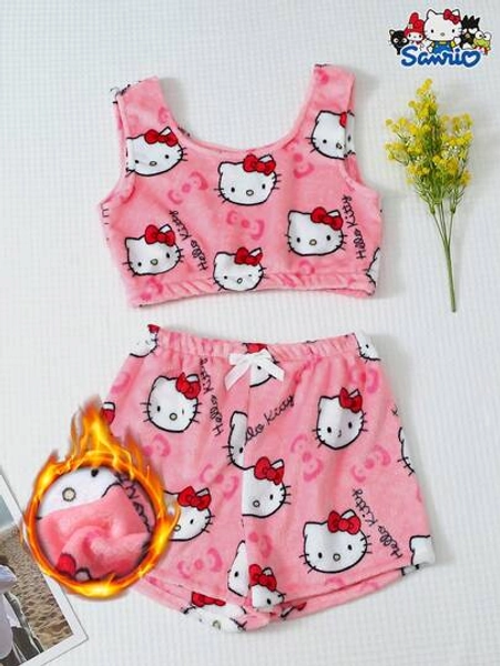 Sanrio 2pcs/Set Authorized Soft & Comfortable Hello Kitty Print Fleece Vest Top And Bow Shorts Fluffy Pajama Set, Autumn/Winter, Fall Winter Clothes
