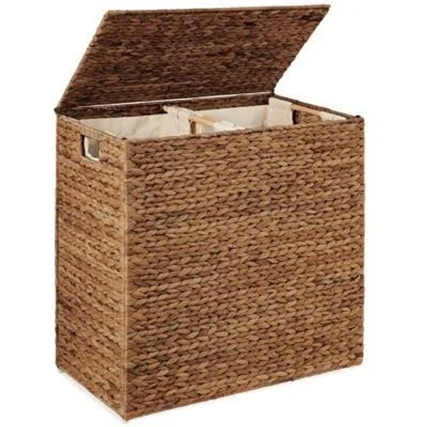 Best Choice Products Large Natural Water Hyacinth Double Laundry Hamper Basket w/ 2 Liner Bags