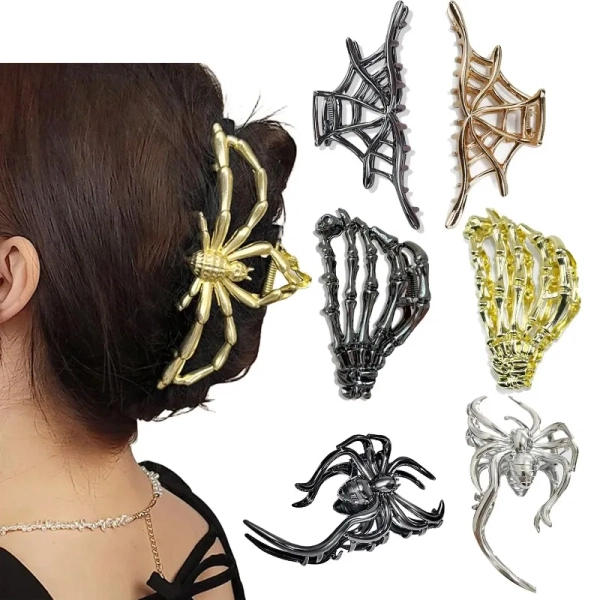 Nowy 2023 Halloween pająk szkielet spinki do włosów dla kobiet biżuteria akcesoria czarny srebrny złoty duża wsuwka imprezowe nakrycia głowy - AliExpress 200000297