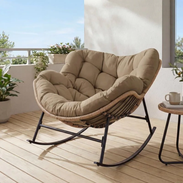 Oversized Indoor Outdoor Royal Papasan Rocking Chair, Patio Egg Rocker with Cushions, 450 lb Capacity