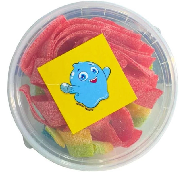 Trendy Treats Triple Sour Strips Flavors Mini Bucket - Sour Pickle Strawberry & Blue Berry - Perfect On-The-Go Snack - Easy to Carry