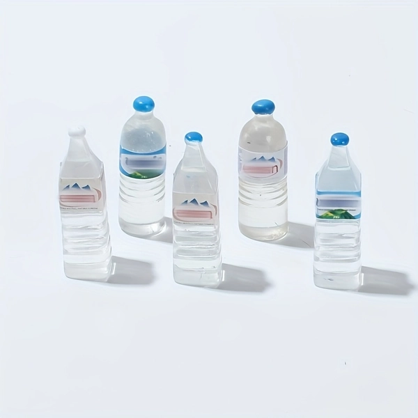 Blue Mini Plastic Water Bottle Mix Set of 6 with Blue Lids, 1/12 Scale - Suitable for Game Room and Kitchen Decor, Collectible Home Accessories Set, Miniature Gaming Household Items!