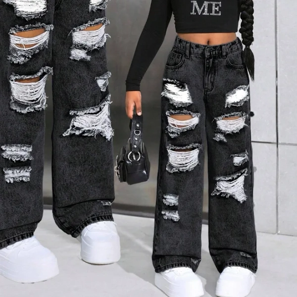 SHEIN Girls Baggy Straight Leg Ripped Jeans