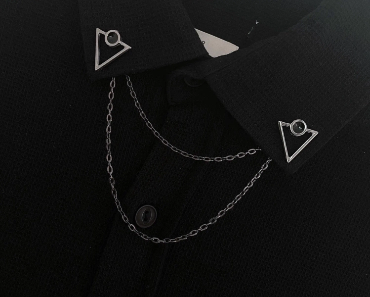 Dark Silver Triangle Double Chain Collar Pins: Elegant Unisex Shirt or Suit Brooch