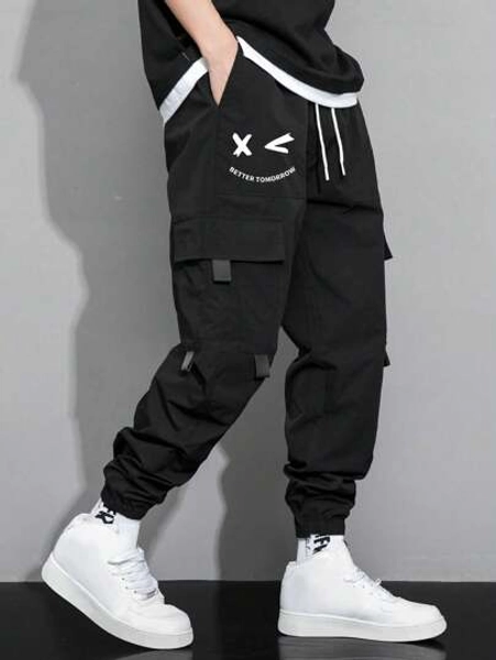 Teen Boy Drawstring Waist Cartoon Expression Print Woven Sweatpants With Pockets, Street Casual Style, School, Campus, College