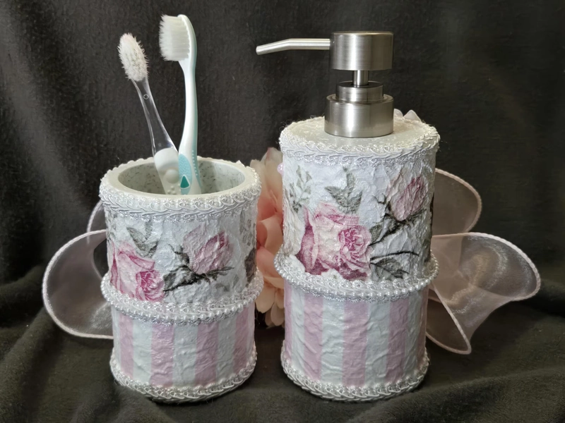 Soap Dispenser Set, Shabby Chic Bathroom, Shabby Chic Decor, Shabby Chic Soap Dispenser Set, Pink Floral Soap Dispenser Set