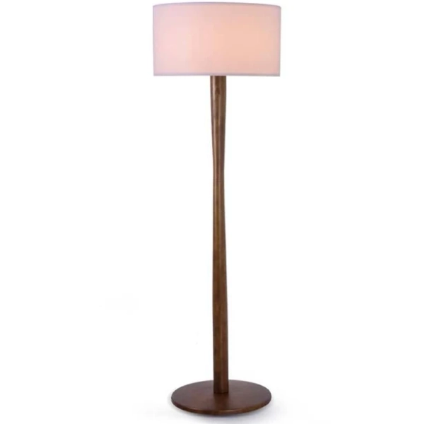 Keazile 61 in. Walnut Retro Standing Floor Lamp with Solid Wood Body and White Linen Drum Shade for Living Room
