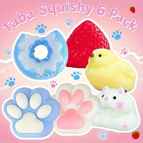 Taba Squishy 6-Pack, Fufu Squishy Fidget Toys - Relax Toy Set, Perfect for Classroom Rewards/Christmas Stocking Stuffers/Gift Bag Fillers. The set includes one donut, one strawberry, one hamster, one chick, and two cat paws, ideal as