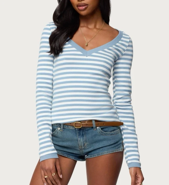Edikted Women's Kimi Striped Long Sleeve V-Neck Top
