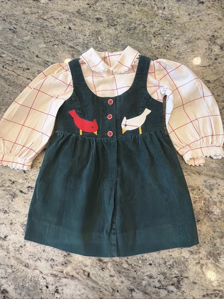 VTG 1980s Baby Toddler Green Corduroy Chocolate Soup Jumper  Bird Appliqué