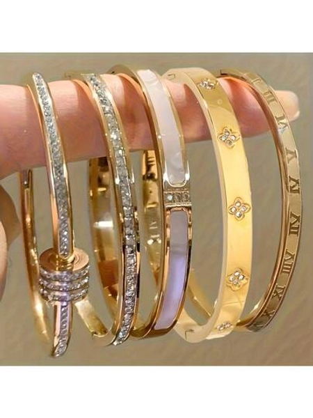 1 Pcs Gold Plated Steel Stainless Steel Bracelet With Roman Numerals And Embellishments - Unisex Fashion Jewelry, Suitable Holiday Gifts, Party Outfits, And Youth Casual Wear 1/5pc