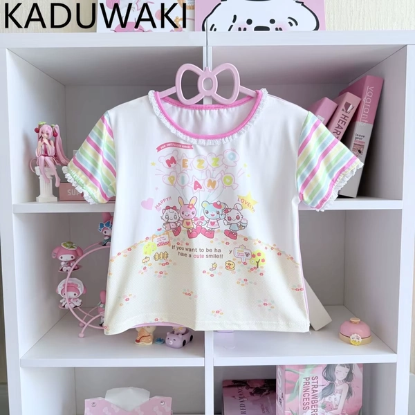 Sweet Kawaii Japanese Girls Sets O-neck Loose Casual Short Sleeve Rainbow Tshirt Lace Cartoon Embroidery Cake Skirts Y2k Suit - AliExpress 200000345