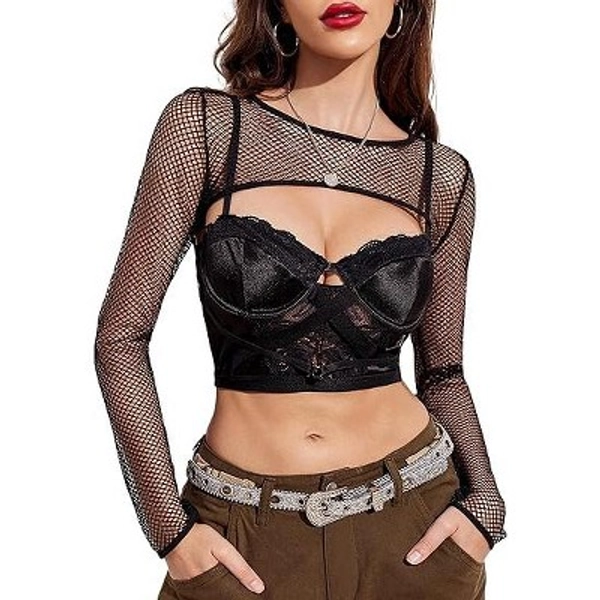 Avidlove Women Fishnet Long Sleeve Crop Top See Through Shirt Sheer Blouse Outfits Black XXL