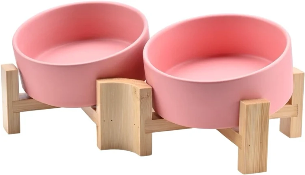 SPUNKYJUNKY 15° Slanted Ceramic Dog Bowl with Elevated Bamboo Stand - Tilted Pet Feeder for French Bulldog Pugs No Slip Anti-Vomiting for Cat Small Dog Flat Face Pets 13.5 OZ (1.7 Cups, Beige × 2)