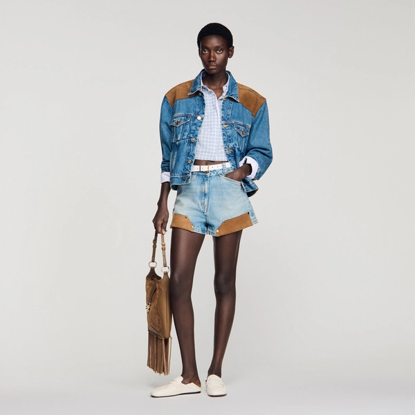 Riveted denim and suede shorts