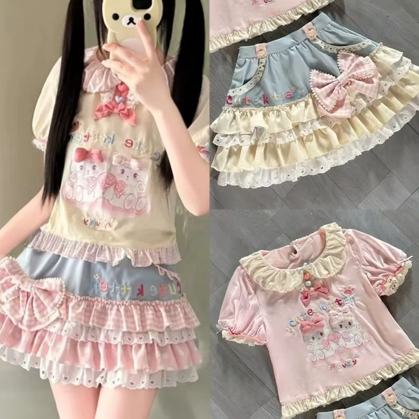 Lolita Print Tops Bow Cake Blouse Y2K JK Lolita Japan Kawaii Girl Cute Sweet Lace T-shirt A-line Spliced Cake Skirt New Chic - AliExpress 