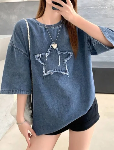 SHEIN Teen Girls Y2k Oversized Loose Round Neck Denim Top