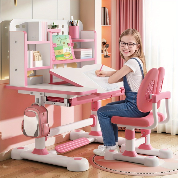 1 X Children's Study Table Study Table and Chair Set, Adjustable Children's Table and Chair with Bookshelf and Storage Drawer, 50 Degree Slopable Desktop Study Table, Chair with Chair Bedroom Study Room 46.85" x 31.5" x 22.05"