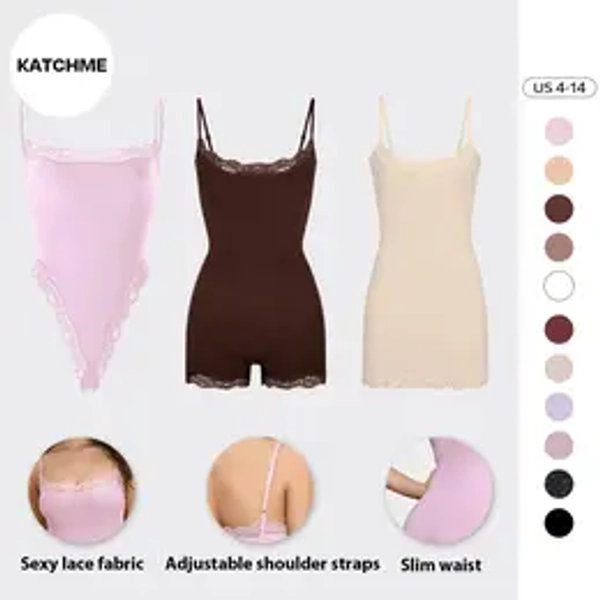 KatchMe Lace Series Women's Spaghetti Strap Lace Trim Breathable Bodysuit, Adjustable Strap Seamless Chic Nightdress, Minimalist Lightweight Playsuit