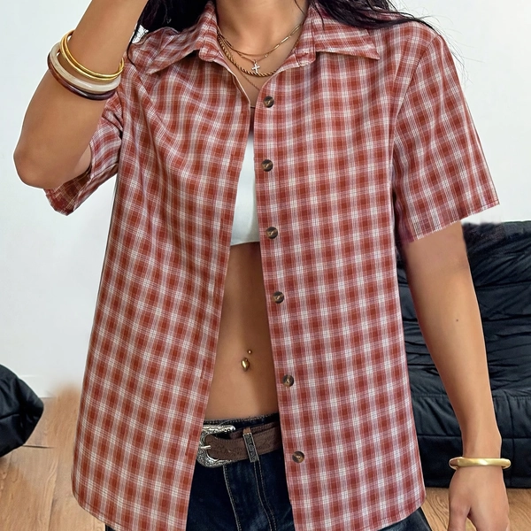 Women's Plaid Short-Sleeve Shirt, Women's Clothing, Plaid Short-Sleeve Shirt