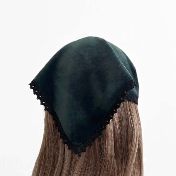 Dark Forest Velvet With Black Lace Trim Triangle Headband - Elastic Hair Scarf, Hair Accessories