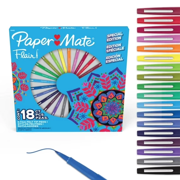 Paper Mate Flair Felt Tip Pens, Medium Point (0.7mm), Assorted Colors, 18 Count