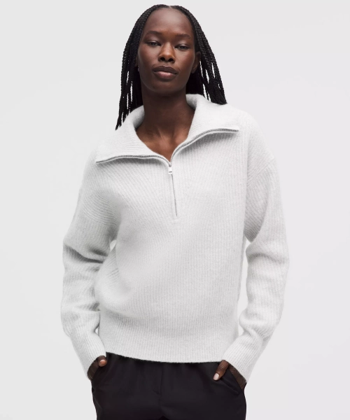Alpaca-Blend Collared Half-Zip Sweater - Heathered Misty Grey - L