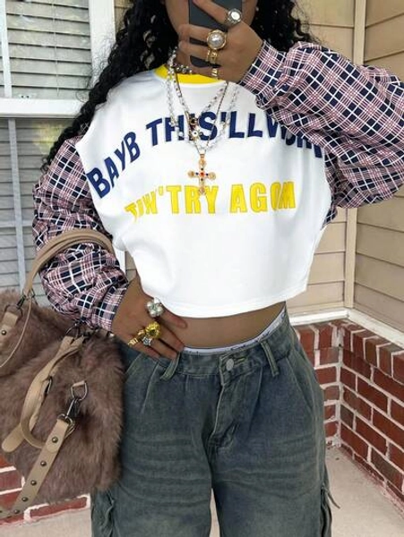 INAWLY Letter & Plaid Print Color Block Casual Long Sleeve Cropped Top
